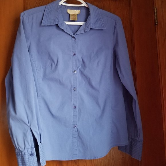 Vintage, med blue cotton, L, S, M, close fit blouse, tuck in/out, Cotton Ginny - Picture 1 of 7